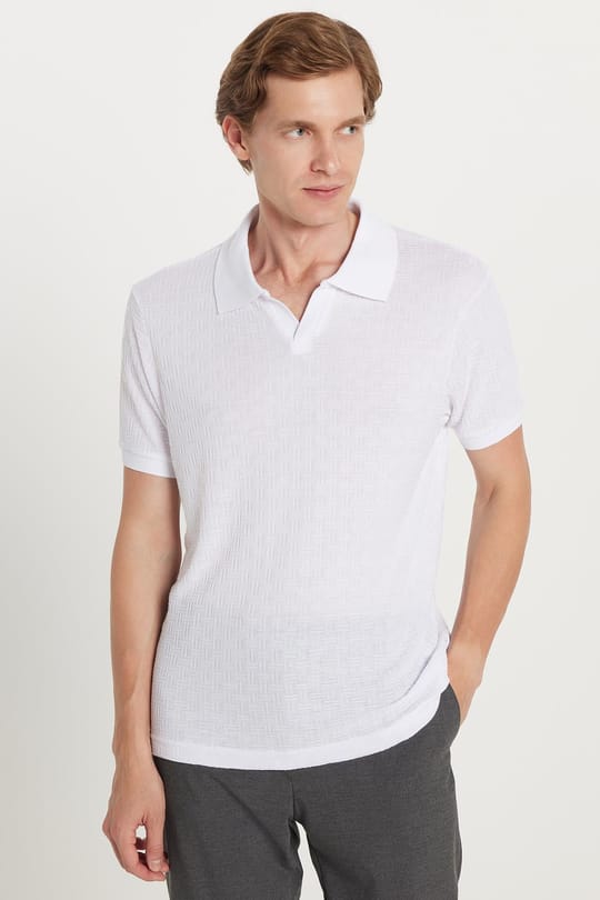 Erkek Slim Fit Dar Kesim Viskon Kumaş Desenli Düz Pike Düğmesiz Beyaz Polo Yaka Tişört