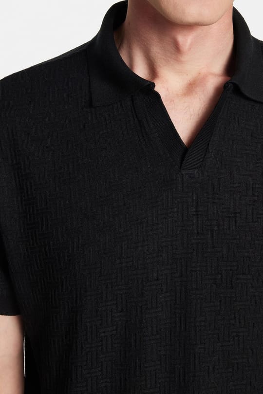 Erkek Slim Fit Dar Kesim Viskon Kumaş Desenli Düz Pike Düğmesiz Siyah Polo Yaka Tişört