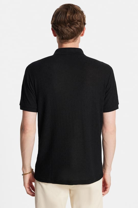 Erkek Slim Fit Dar Kesim Viskon Kumaş Desenli Düz Pike Düğmesiz Siyah Polo Yaka Tişört