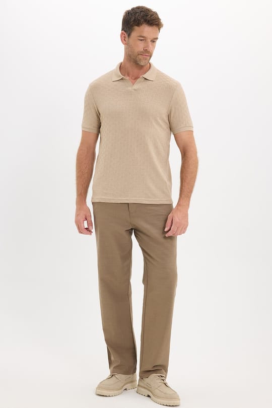 Erkek Slim Fit Dar Kesim Viskon Kumaş Desenli Düz Pike Düğmesiz Vizon Polo Yaka Tişört