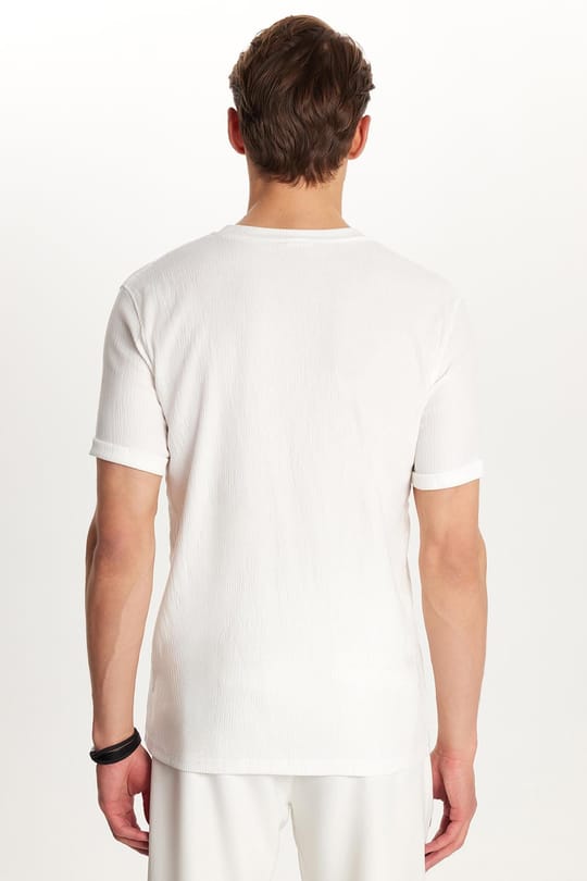 Erkek Slim Fit Dar Kesim Pamuklu Ribanalı Baskılı Beyaz Bisiklet Yaka Tişört