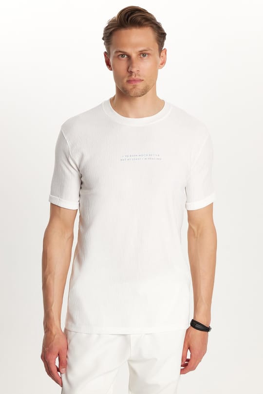 Erkek Slim Fit Dar Kesim Pamuklu Ribanalı Baskılı Beyaz Bisiklet Yaka Tişört