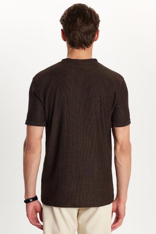 Erkek Slim Fit Dar Kesim Pamuklu Ribanalı Baskılı Kahverengi Bisiklet Yaka Tişört