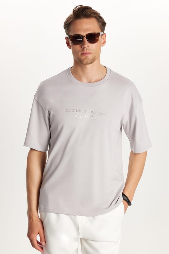 Erkek Slim Fit Dar Kesim Pamuklu Baskılı Gri Bisiklet Yaka Tişört