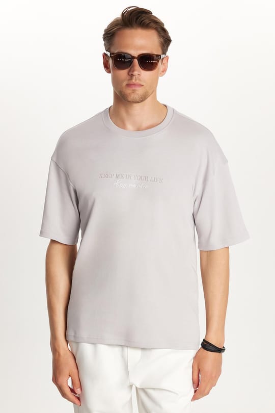Erkek Slim Fit Dar Kesim Pamuklu Baskılı Gri Bisiklet Yaka Tişört
