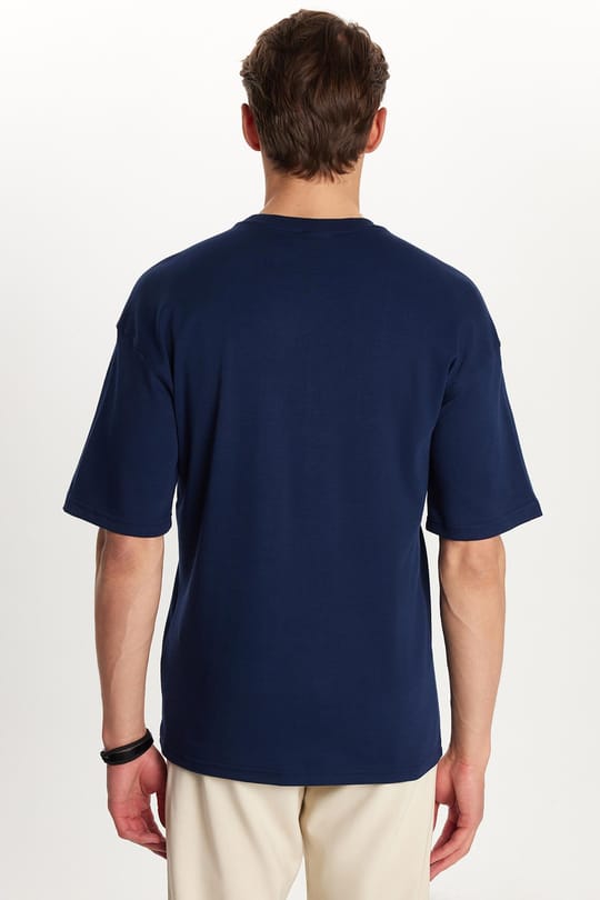 Erkek Slim Fit Dar Kesim Pamuklu Baskılı Lacivert Bisiklet Yaka Tişört