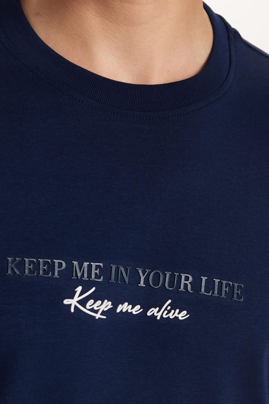 Erkek Slim Fit Dar Kesim Pamuklu Baskılı Lacivert Bisiklet Yaka Tişört