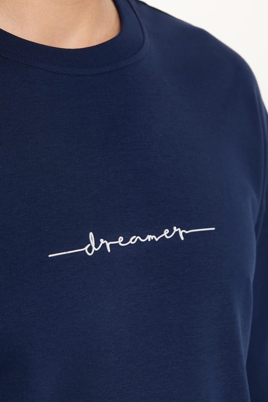 Erkek Slim Fit Dar Kesim Pamuklu Baskılı Lacivert Bisiklet Yaka Tişört