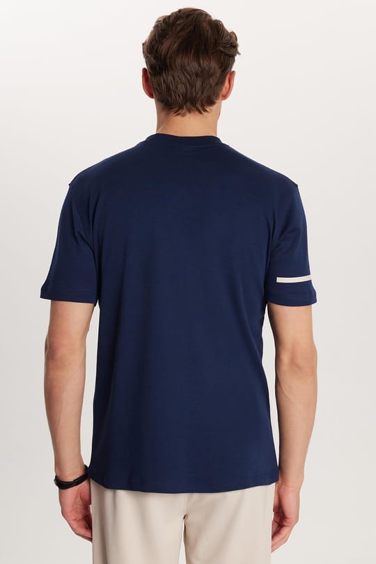 Erkek Slim Fit Dar Kesim Pamuklu Düz Basic Baskılı Bisiklet Yaka Lacivert Tişört