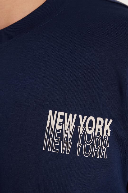 Erkek Slim Fit Dar Kesim Pamuklu Düz Basic Baskılı Bisiklet Yaka Lacivert Tişört