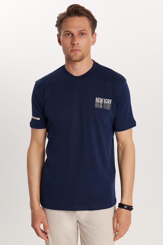Erkek Slim Fit Dar Kesim Pamuklu Düz Basic Baskılı Bisiklet Yaka Lacivert Tişört