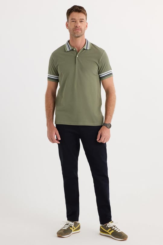 Erkek Slim Fit Dar Kesim %100 Pamuk Düz Pike Yaka ve Kol Detaylı Haki Polo Yaka Tişört