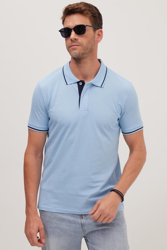 Erkek Slim Fit Dar Kesim %100 Pamuk Yumuşak Dokulu Serin Tutan Kumaş Düz Pike Mavi Polo Yaka Tişört