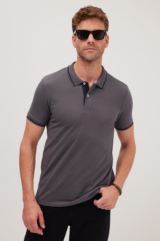 Erkek Slim Fit Dar Kesim %100 Pamuk Yumuşak Dokulu Serin Tutan Kumaş Düz Pike Füme Polo Yaka Tişört