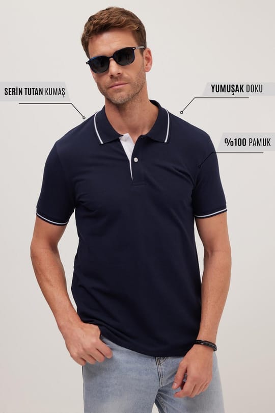 Erkek Slim Fit Dar Kesim %100 Pamuk Yumuşak Dokulu Serin Tutan Kumaş Düz Pike Lacivert Polo Yaka Tişört