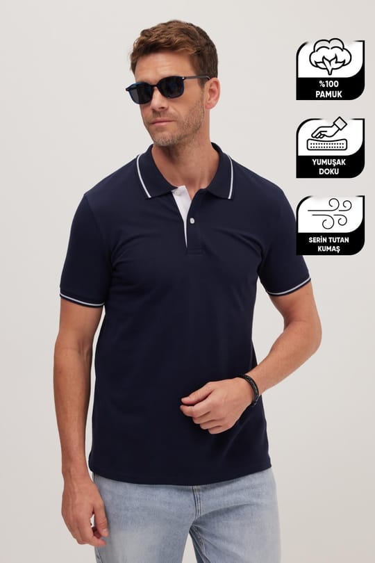 Erkek Slim Fit Dar Kesim %100 Pamuk Yumuşak Dokulu Serin Tutan Kumaş Düz Pike Lacivert Polo Yaka Tişört