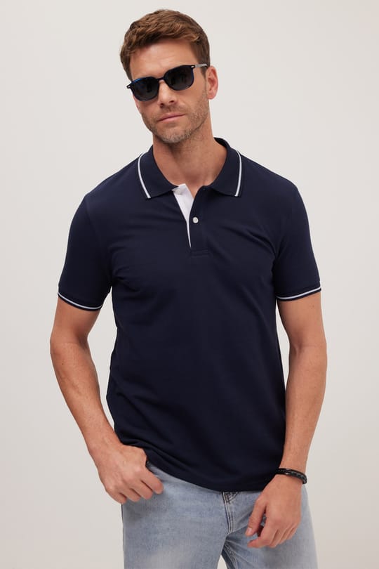 Erkek Slim Fit Dar Kesim %100 Pamuk Yumuşak Dokulu Serin Tutan Kumaş Düz Pike Lacivert Polo Yaka Tişört
