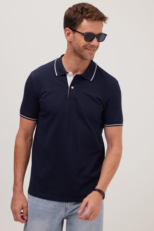 Erkek Slim Fit Dar Kesim %100 Pamuk Yumuşak Dokulu Serin Tutan Kumaş Düz Pike Lacivert Polo Yaka Tişört