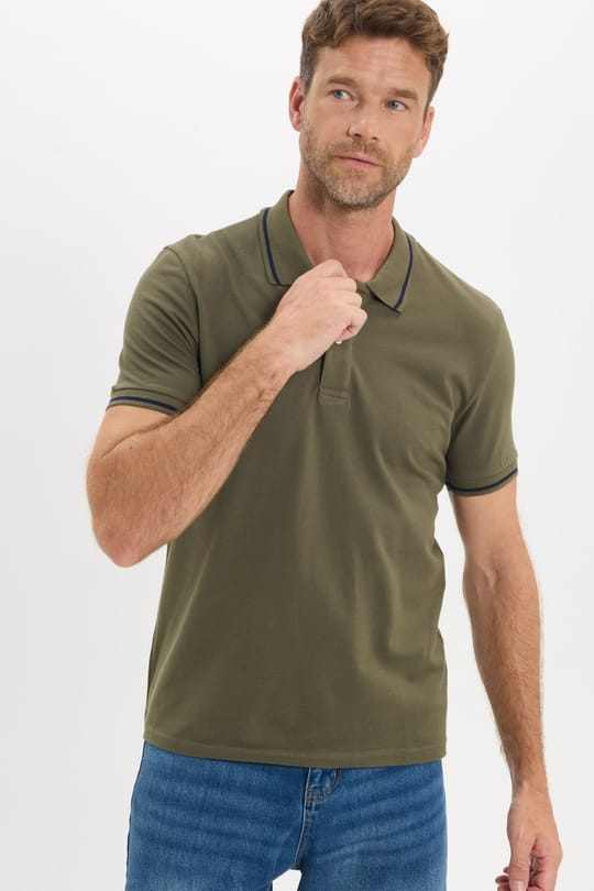 Erkek Slim Fit Dar Kesim %100 Pamuk Yumuşak Dokulu Serin Tutan Kumaş Düz Pike Haki Polo Yaka Tişört