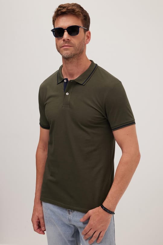 Erkek Slim Fit Dar Kesim %100 Pamuk Yumuşak Dokulu Serin Tutan Kumaş Düz Pike Haki Polo Yaka Tişört