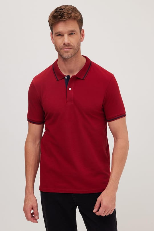Erkek Slim Fit Dar Kesim %100 Pamuk Yumuşak Dokulu Serin Tutan Kumaş Düz Pike Bordo Polo Yaka Tişört