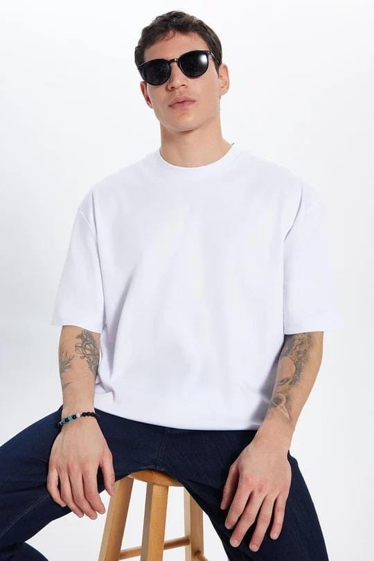 Unisex 3lü Paket Lacivert-Beyaz-Siyah Oversize Geniş Kesim %100 Pamuk Basic Bisiklet Yaka Tişört
