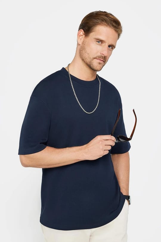 Unisex 3lü Paket Lacivert-Beyaz-Siyah Oversize Geniş Kesim %100 Pamuk Basic Bisiklet Yaka Tişört
