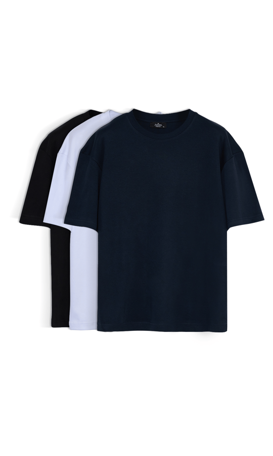 Unisex 3lü Paket Lacivert-Beyaz-Siyah Oversize Geniş Kesim %100 Pamuk Basic Bisiklet Yaka Tişört