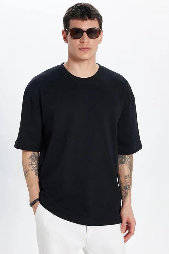 Unisex 3lü Paket Lacivert-Beyaz-Siyah Oversize Geniş Kesim %100 Pamuk Basic Bisiklet Yaka Tişört