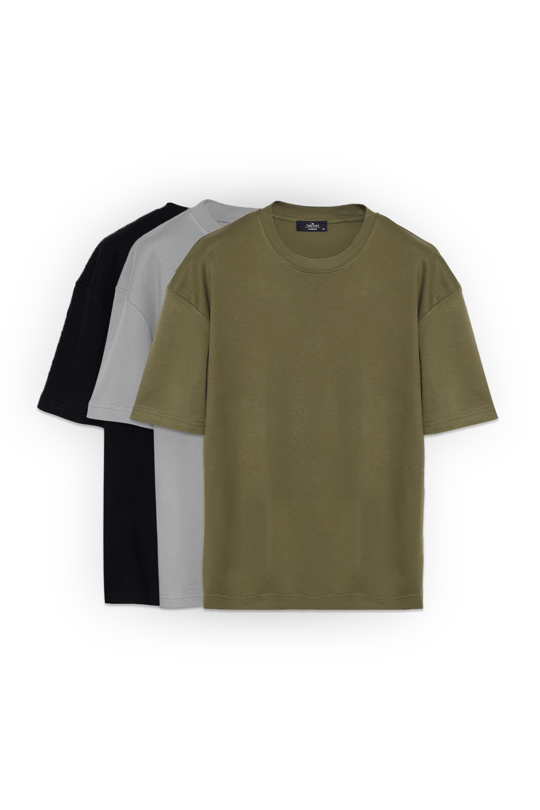 Unisex 3lü Paket Siyah-Gri-Yeşil Oversize Geniş Kesim %100 Pamuk Basic Bisiklet Yaka Tişört 3lü Tişört
