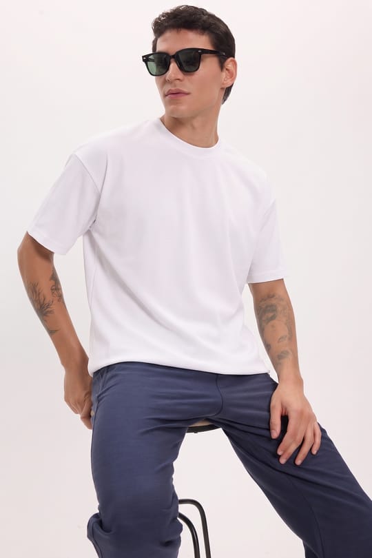 Erkek Boxy Fit Bol Kesim %100 Pamuk Bisiklet Yaka Beyaz Tişört