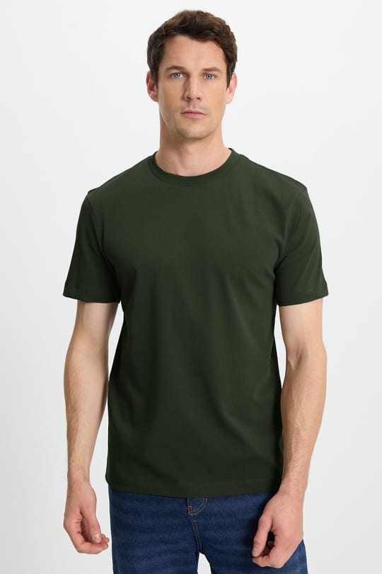 Unisex Regular Fit Rahat Kesim %100 Pamuk Bisiklet Yaka Haki Tişört