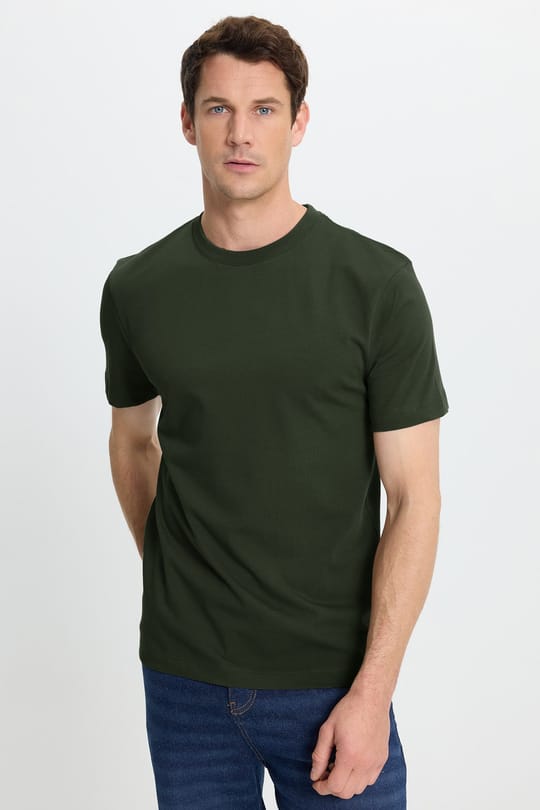 Unisex Regular Fit Rahat Kesim %100 Pamuk Bisiklet Yaka Haki Tişört