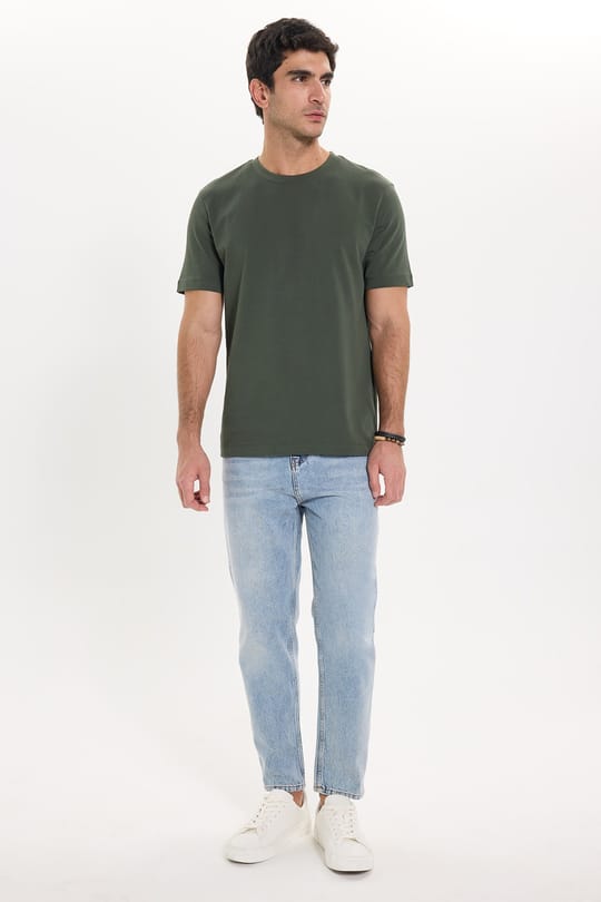Unisex Regular Fit Rahat Kesim %100 Pamuk Bisiklet Yaka Haki Tişört