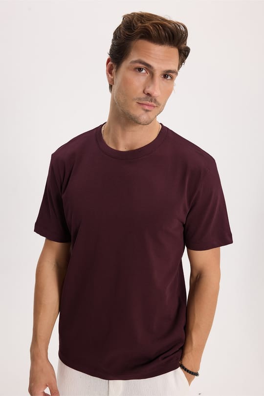 Unisex Regular Fit Rahat Kesim %100 Pamuk Bisiklet Yaka Bordo Tişört