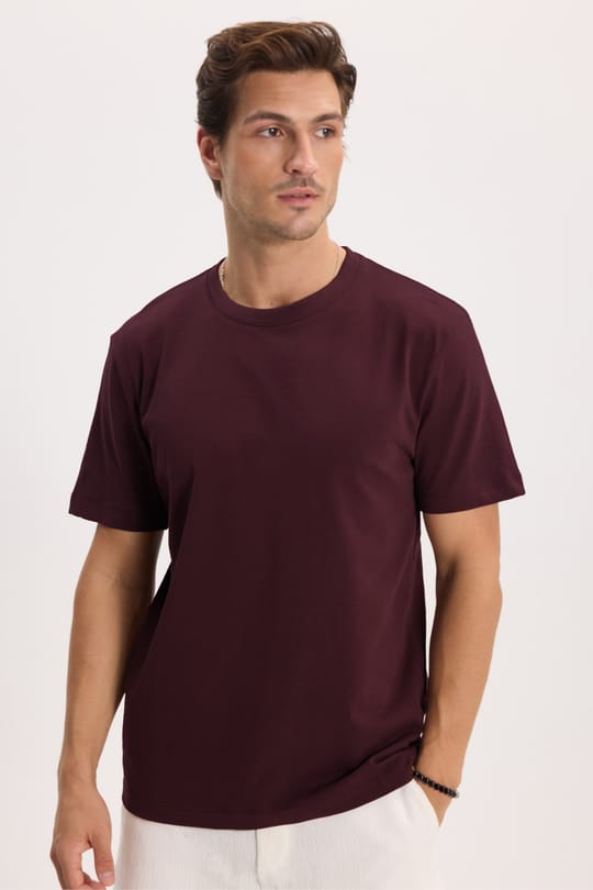 Unisex Regular Fit Rahat Kesim %100 Pamuk Bisiklet Yaka Bordo Tişört