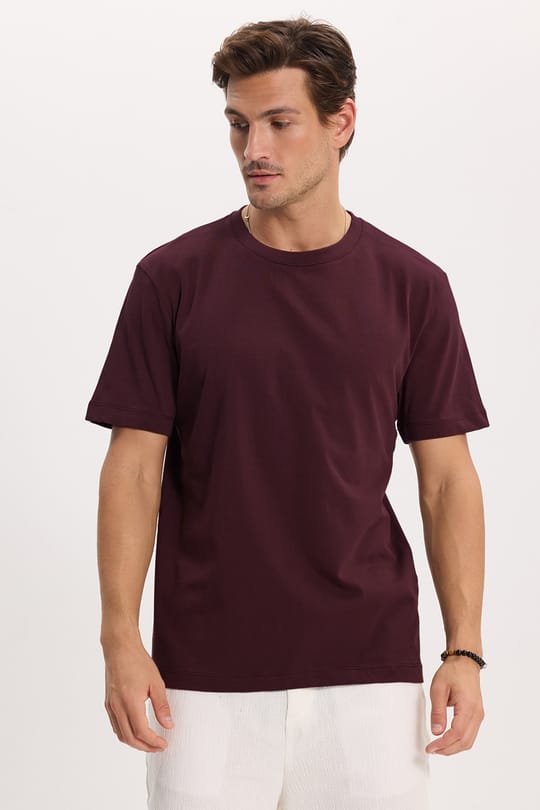 Unisex Regular Fit Rahat Kesim %100 Pamuk Bisiklet Yaka Bordo Tişört