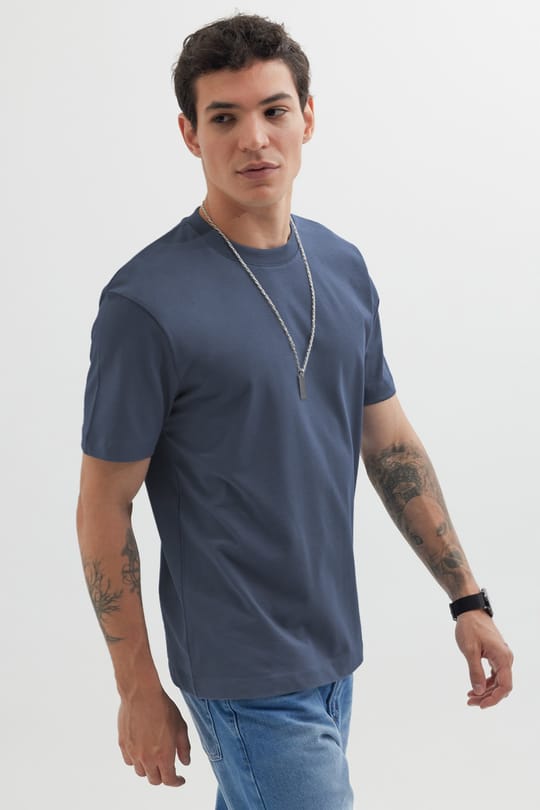 Unisex Regular Fit Rahat Kesim %100 Pamuk Bisiklet Yaka İndigo Tişört