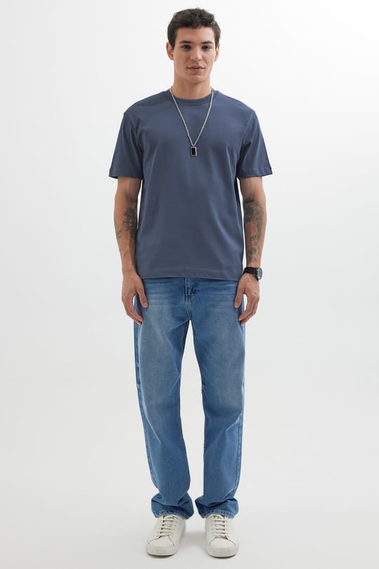 Unisex Regular Fit Rahat Kesim %100 Pamuk Bisiklet Yaka İndigo Tişört