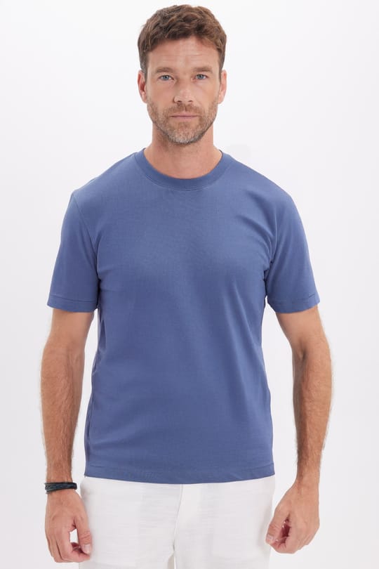 Unisex Regular Fit Rahat Kesim %100 Pamuk Bisiklet Yaka İndigo Tişört