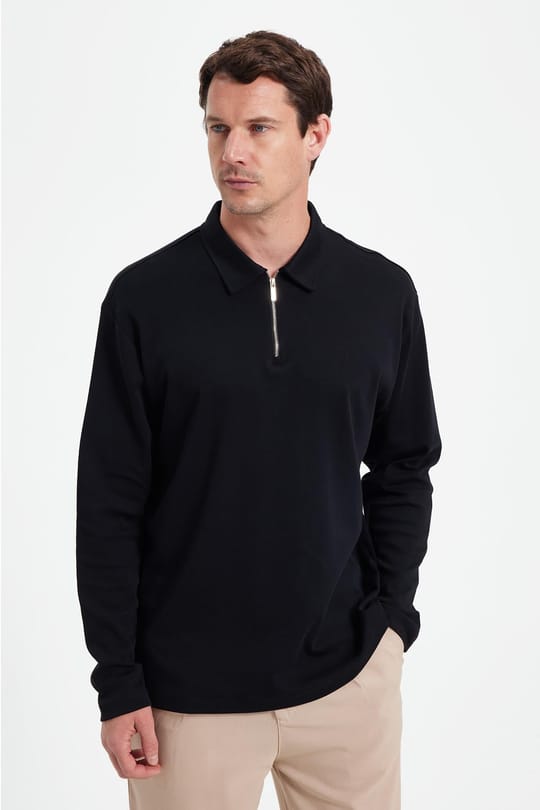 Erkek Relax Fit Rahat Kesim %100 Pamuk Yarım Fermuarlı Polo Yaka İnterlok Siyah Sweatshirt