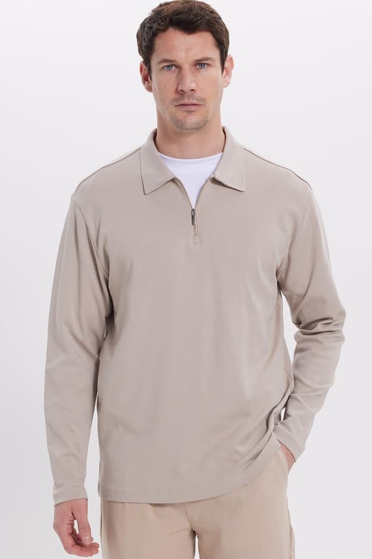 Erkek Relax Fit Rahat Kesim %100 Pamuk Yarım Fermuarlı Polo Yaka İnterlok Taş Sweatshirt