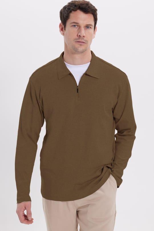 Erkek Relax Fit Rahat Kesim %100 Pamuk Yarım Fermuarlı Polo Yaka İnterlok Koyu Vizon Sweatshirt