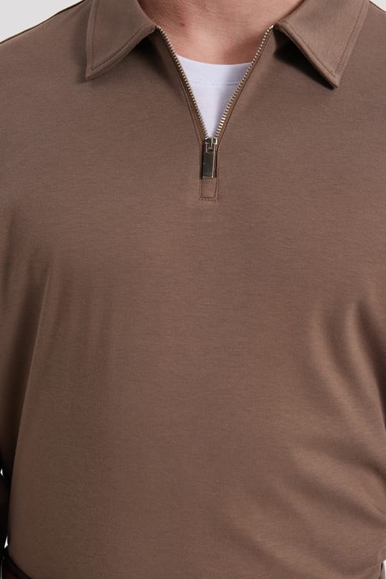 Erkek Regular Fit Rahat Kesim %100 Pamuk Yarım Fermuarlı Polo Yaka İnterlok Koyu Vizon Sweatshirt