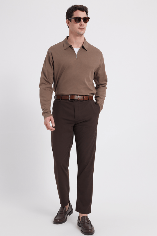 Erkek Regular Fit Rahat Kesim %100 Pamuk Yarım Fermuarlı Polo Yaka İnterlok Koyu Vizon Sweatshirt