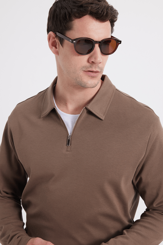 Erkek Regular Fit Rahat Kesim %100 Pamuk Yarım Fermuarlı Polo Yaka İnterlok Koyu Vizon Sweatshirt