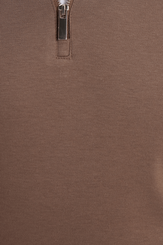 Erkek Regular Fit Rahat Kesim %100 Pamuk Yarım Fermuarlı Polo Yaka İnterlok Koyu Vizon Sweatshirt