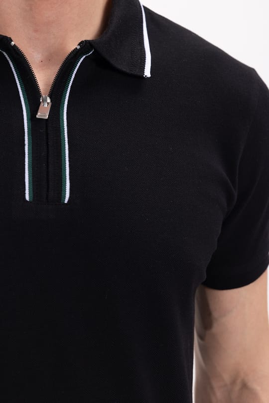 Erkek Slim Fit Dar Kesim %100 Pamuk Kısa Kollu Yarım Fermuarlı Siyah Polo Yaka Tişört