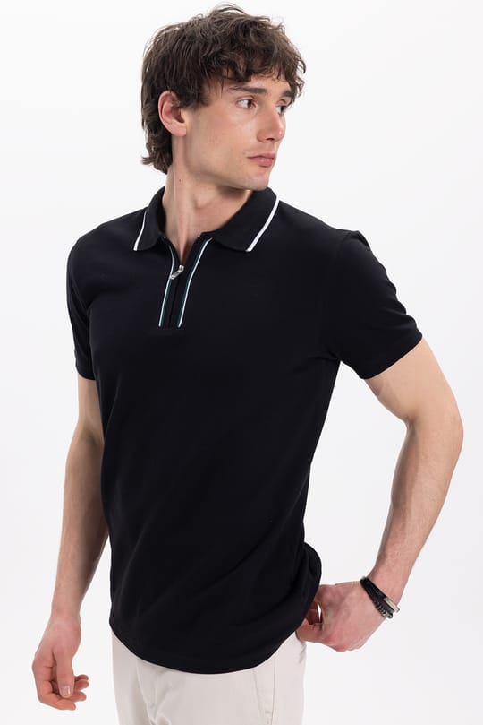 Erkek Slim Fit Dar Kesim %100 Pamuk Kısa Kollu Yarım Fermuarlı Siyah Polo Yaka Tişört