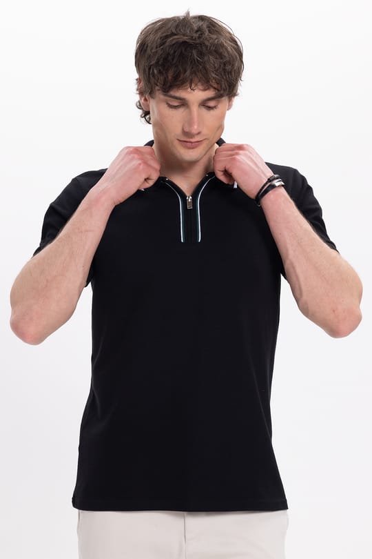 Erkek Slim Fit Dar Kesim %100 Pamuk Kısa Kollu Yarım Fermuarlı Siyah Polo Yaka Tişört